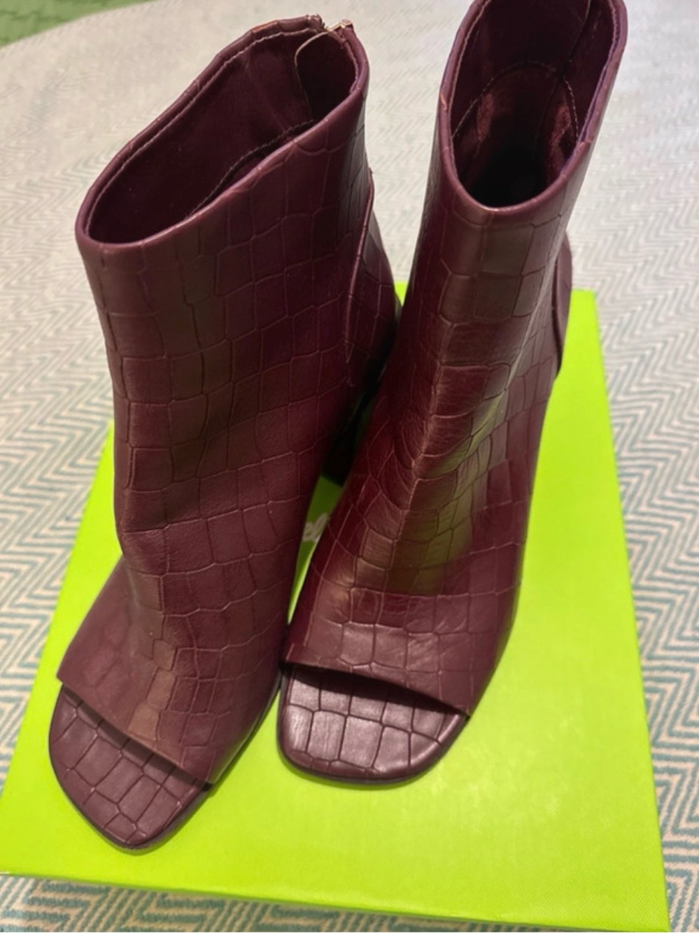 Vince Camuto Burgundy Croc-Embossed Square Open-Toe Ankle Boots